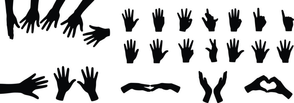 Hand gesture silhouette collection, diverse human hands, pointing, open palms, heart shape, reaching, communication, symbol, vector illustration, design