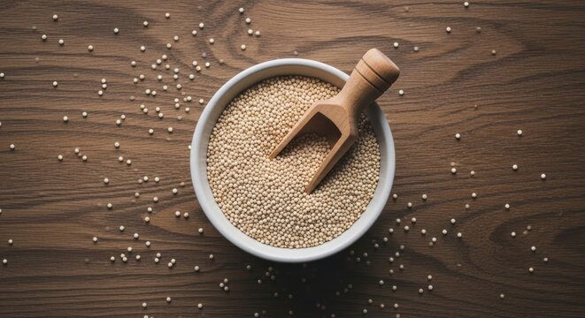 Overhead view of a white bowl filled with quinoa with a small wooden scoop on a rustic wooden table.