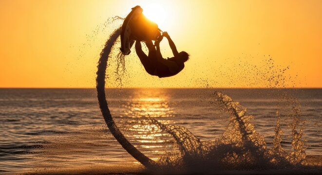 Silhouette of a man flyboarding at sunset over the ocean performing an acrobatic stunt with water jets.