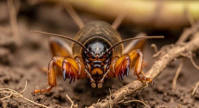 Close up front view of a mole cricket on the ground