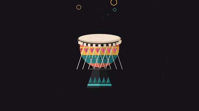 Ethnic Percussion Drum Animation with Colorful Patterns on Dark Background for Music and Cultural Content