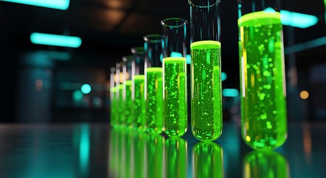 Glowing green chemical reactions bubbling inside glass vials on a reflective lab bench with deep bokeh. Ideal for biotechnology editorial features and pharmaceutical advertising.