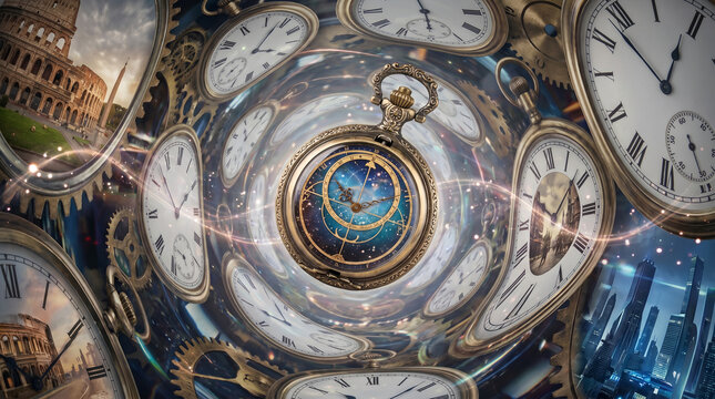 Surreal pocket watches and gears, celestial clock face in vortex, time travel concept with historical and modern buildings, conceptual digital art