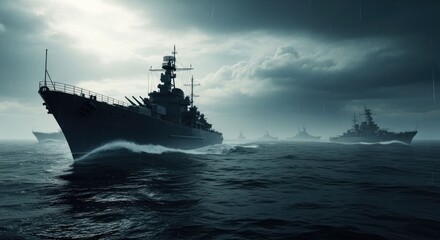 Obraz premium Warships Navigating Stormy Seas Under Dramatic Sky.