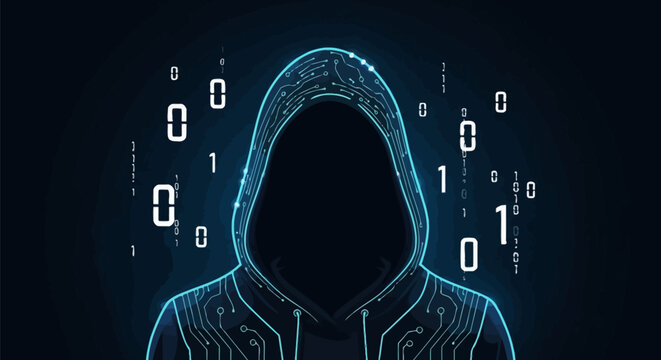 Anonymous hacker in a glowing blue hoodie surrounded by digital binary code and futuristic data streams