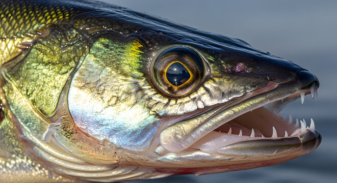 Extreme close up of a pike perch head showing sharp teeth