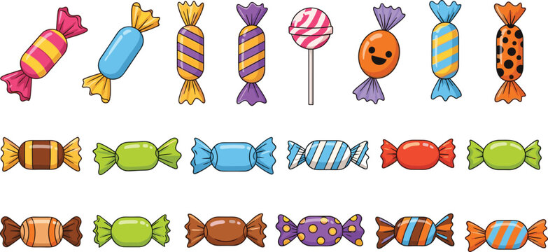Colorful Candy and Sweets Set in Flat Style, Collection of Wrapped Candies and Lollipops Vector Illustration