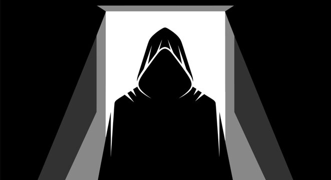 Mysterious cloaked figure emerges from bright doorway silhouette in darkness symbolizing unknown secrets and suspense