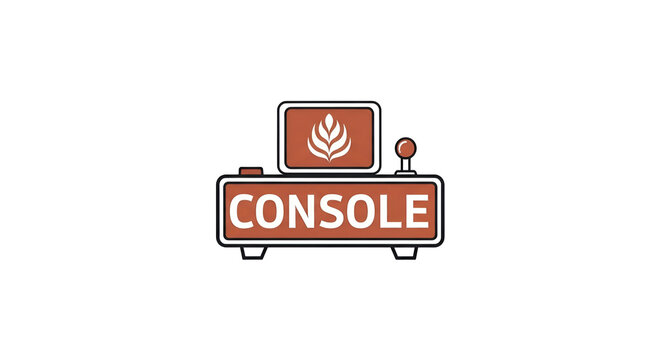 Retro video game console logo with abstract leaf design on screen and text CONSOLE