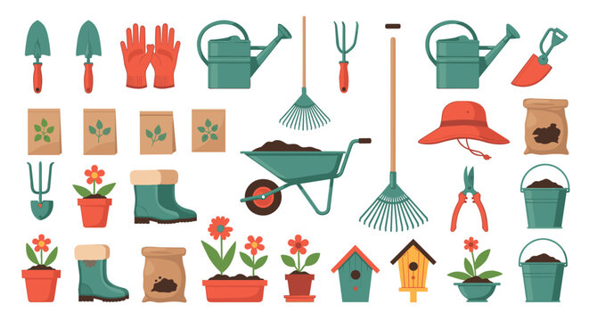 Comprehensive collection of various gardening icons including tools like shovels, rakes, watering cans, and potted plants in a flat design style.