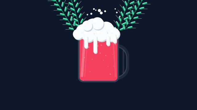 Stylized Flat Animation of Craft Beer Mug with Overflowing Foam and Wheat Grain