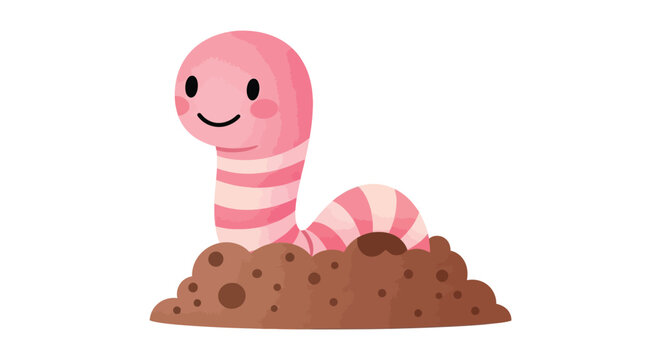 Playful cartoon vector graphic of a friendly pink striped worm in earthy soil.
