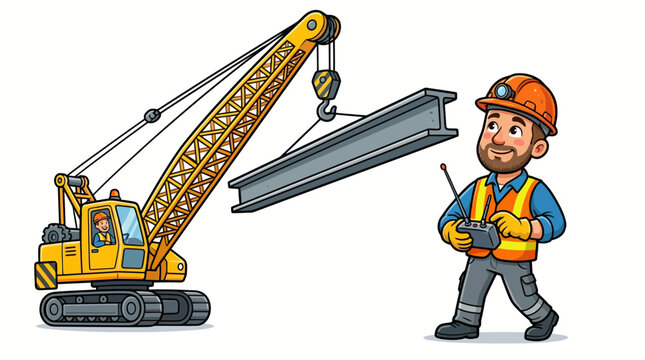 Professional civil engineer using remote control to guide heavy mobile crane lifting steel beam, perfect for construction site safety training, industrial manual and project presentation