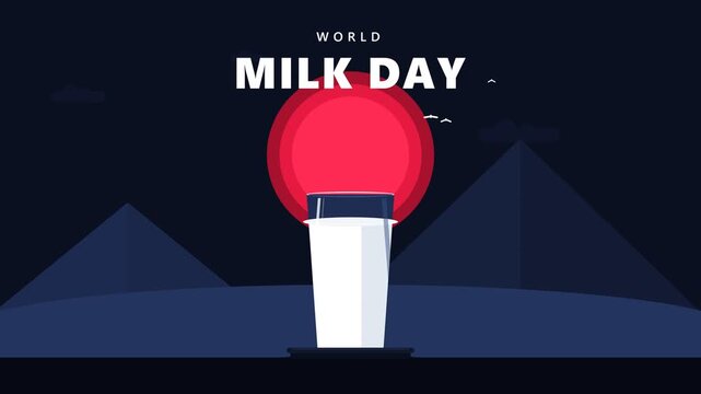 World Milk Day Animated Graphic Background with Glass of Fresh White Liquid and Stylized Sunset in Desert Landscape