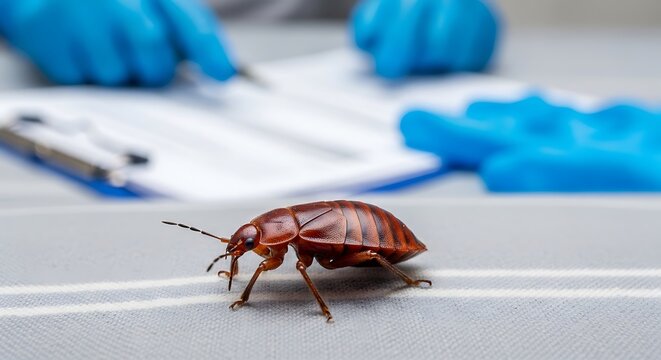 Bed bug closeup on fabric with blurred entomologist taking notes in background. This macro view highlights parasitic anatomy and infestation signs for pest control educational materials.
