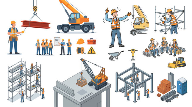 Project managers and civil engineers operating heavy cranes while building steel structures on site, Perfect for infrastructure development, safety manual design and industrial website header