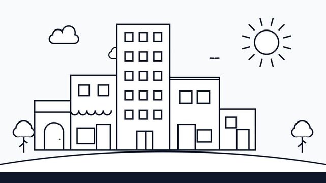 Minimalist Line Art Animation of Urban Cityscape with Buildings Sun and Trees for Motion Graphics Project