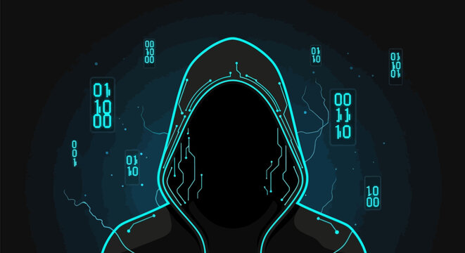 Anonymous hacker in a digital cyberspace cloaked in shadows surrounded by glowing binary code and data streams