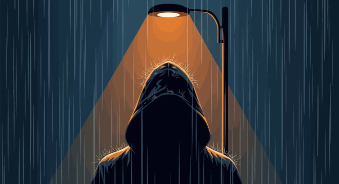 Mysterious figure in hooded jacket stands under illuminated street lamp during heavy rain dramatic lighting dark