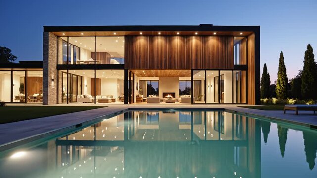 Modern house with pool at night emphasizing natural beauty and pristine environments