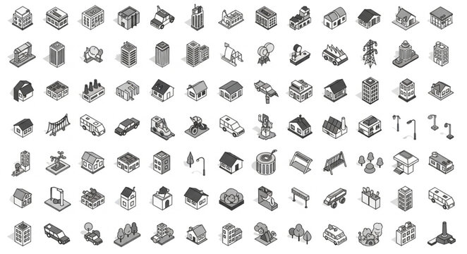 Collection of Isometric Building Icons for Urban Planning and Architecture.