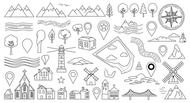Collection of hand-drawn map elements and icons for navigation and travel.