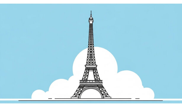Minimalist line art of the eiffel tower against a soft blue sky with fluffy white clouds