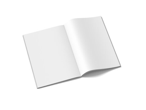 Perspective high angle mockup of an open blank magazine isolated on white background
