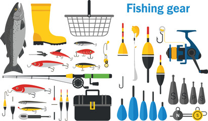 Fishing Gear Collection with Rod, Reel, Floats, Lures, Weights and Fish, Angling Equipment Vector Illustration © Minara