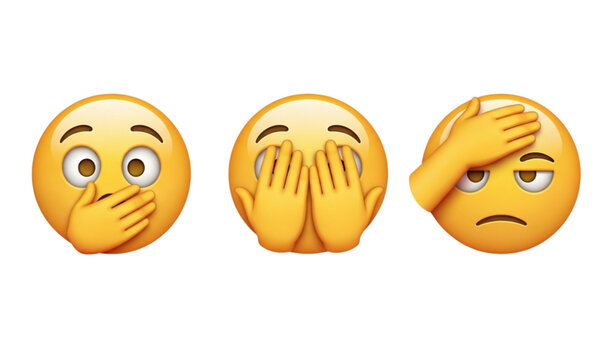 Three iconic 'see no evil speak no evil hear no evil' monkey emoji variations on a white background