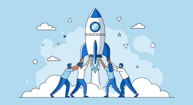 Teamwork launching rocket ship into sky with clouds and geometric shapes