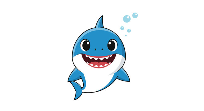 Adorable blue baby shark character smiling and showing teeth with small air bubbles floating above its head on white.
