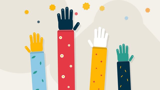 Group of Colorful Diverse Hands Raised Up for Participation Volunteering and Unity Concept