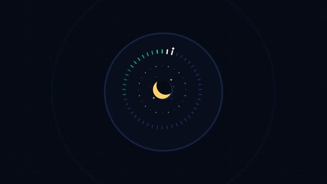Abstract Crescent Moon Animation with Circular HUD Loading Progress Bar and Stars on Dark Background
