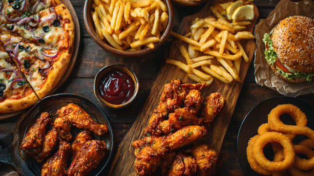 A large wooden table with a variety of takeaway food, pizza, burgers, fries, wings