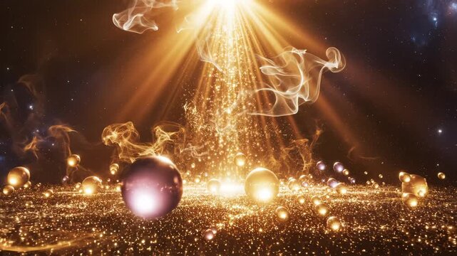 Golden spheres and cosmic light highlighting geometric patterns and contemporary art