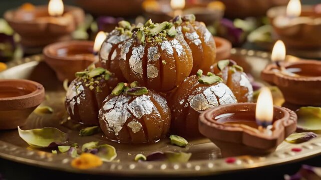 Traditional Ghevar sweets with silver leaf and pistachios on a brass plate for Hariyali Teej festival, featuring green rose petals and diyas