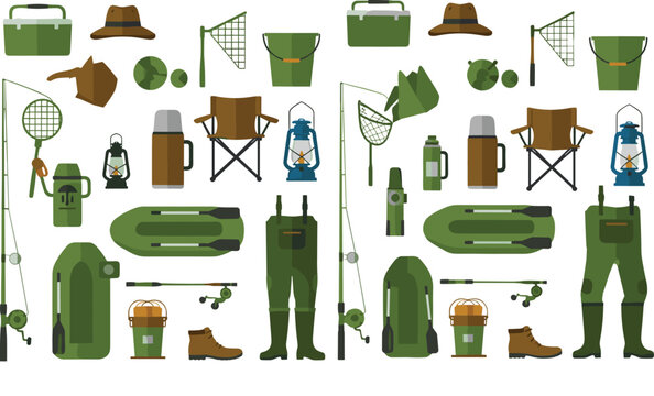 Fishing and Camping Equipment Set in Flat Style, Collection of Outdoor Gear, Rods, Boots, Tent, Lantern and Accessories Vector Illustration