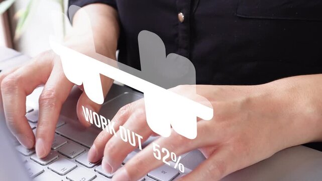 Close-up of female hands typing on a laptop with a fill animation featuring a weight percentage counter and the word "Workout." Concept of training and physical exercise.