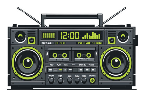 Retro Boombox Illustration with Dual Cassette Decks and Digital Display on White Background