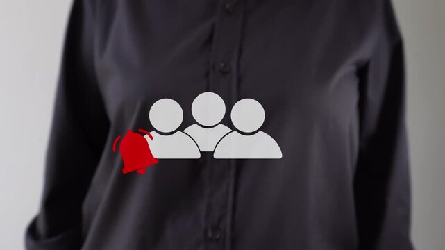 Businessperson pointing towards an animated group icon with a notification bell. Group notifications.