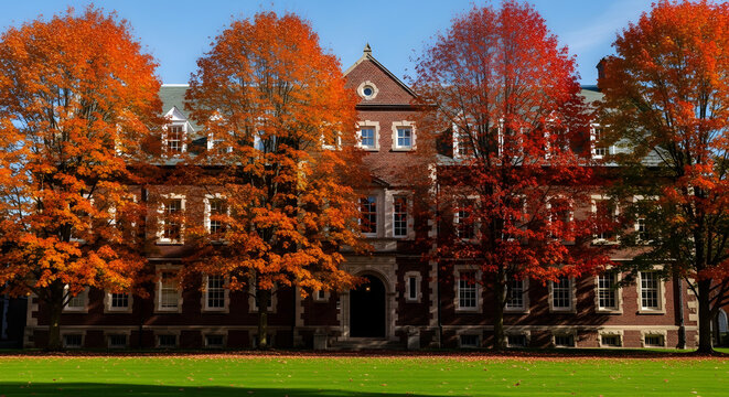Historic brick university building with vibrant autumn trees and lawn