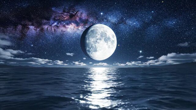 Moon over ocean with starry sky symbolizing tranquility, harmony, and natural balance
