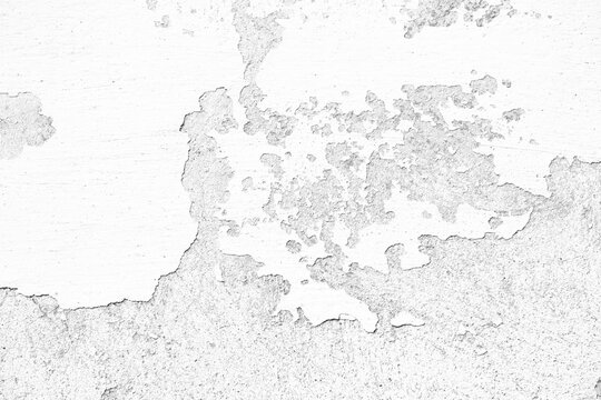 White background  of peeling white paint on an aged concrete wall, showing flaking surface and weathered textures ideal for backgrounds, grunge design, restoration or architectural detail.