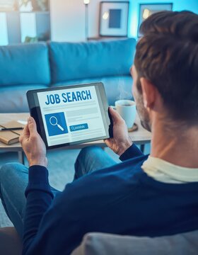 Young man using smartphone to search for job opportunities with word JOB on mobile screen.