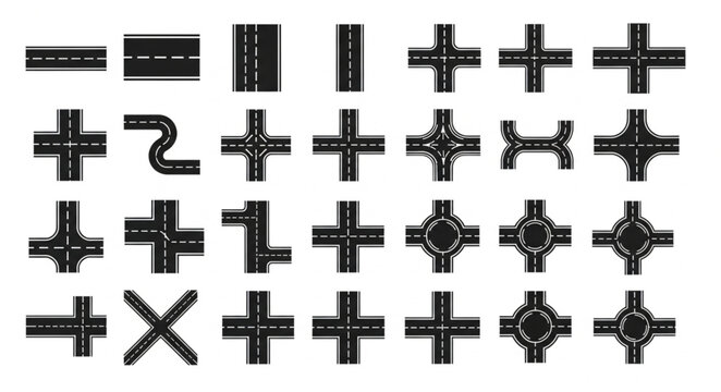 Collection of road intersection symbols and street elements.