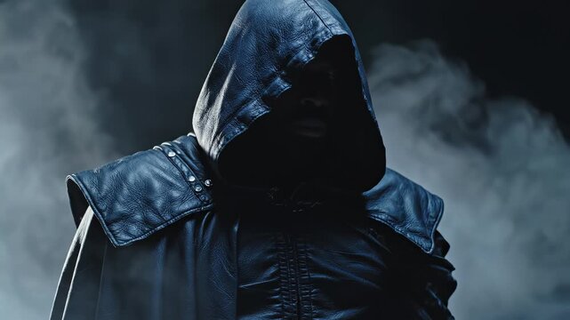 Person in hooded leather cloak symbolizing conceptual art and dynamic energy