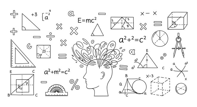 Mathematics, geometry, physics formulas and symbols, educational vector illustration, human head with math equations