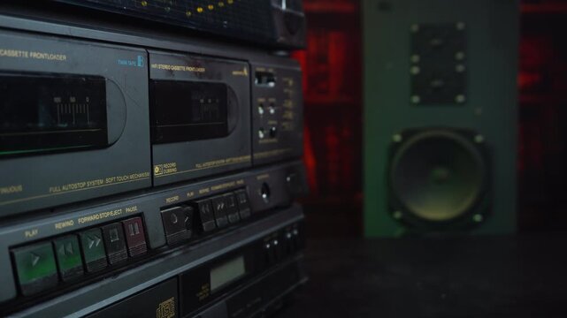 Audio Cassette Tape, Inserting and Pressing Play on Old Double Deck Player Recorder