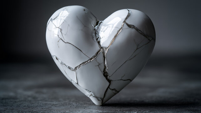 Cracked White Love Heart in Minimal Dramatic Composition